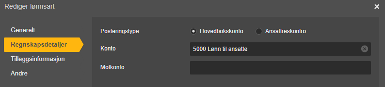 Redigering lønnssart: Posteringstype Hovedbokskonto, konto 5000 Lønn til ansatte
