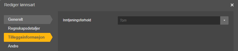 Dialogboks Rediger lønnssart, fane Tilleggsinformasjon med Inntjeningsforhold-felt satt til Tom