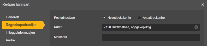 Rediger lønnsart, Regnkapsdetaljer: Hovedbokskonto 7150 Diettkostnader, Motkonto tomt