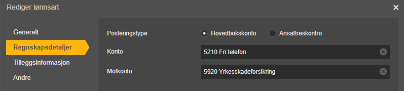 Rediger lønnsart: Posteringstype (Hovedbokskonto/Ansattsreskontrо), konti 5210 og 5920 opplistet