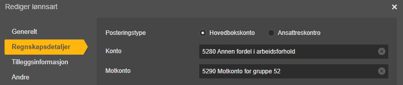 Rediger lønnsart-dialog: Konto 5280 Annen fordel, motkonto 5290 Motkonto gruppe 52