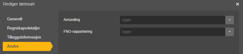 Rediger lønnstart-dialog: Andre-tab valgt. Avrunding og FNO-rapportering satt til Ingen