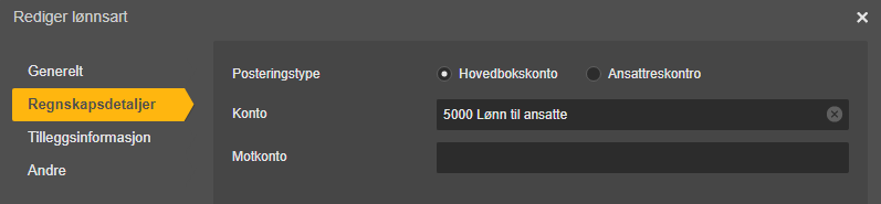 Rediger lønnsart: Regnskapsdetaljer, Hovedbokskonto, konto 5000 Lønn til ansatte