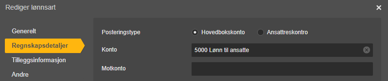 Regnskap: Rediger lønnsart → Regniskapsdetaljer med Konto 5000 Lønn til ansatte