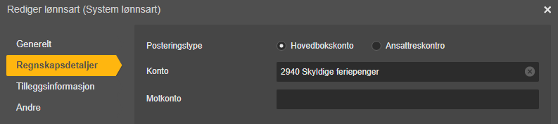 Rediger lønnsart-dialog: Regnenskapsdetaljer, Konto 2940 Skydige feriepenger, Motkonto tomt