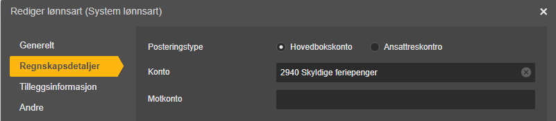 Dialogboks Rediger lønnsart: Regnskapsdetaljer → Konto 2940 Skydige feriepenger