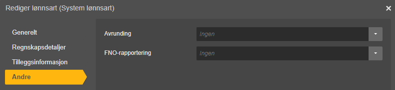 Dialogboks Rediger lønnsart med fanene Generelt, Regnskapsdetaljer, Tilleggsinformasjon og Andre valgt.