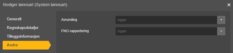 Rediger lønnsart-dialog med faner: Generelt, Regnskapsdetaljer, Tilleggsinformasjon, Andre markert