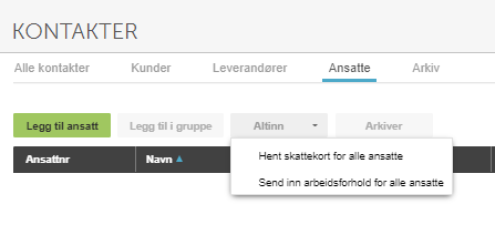Kontakter-siden, Ansatte-fanen med «Legg til ansatt»-knapp og rullegardin for massehandlinger