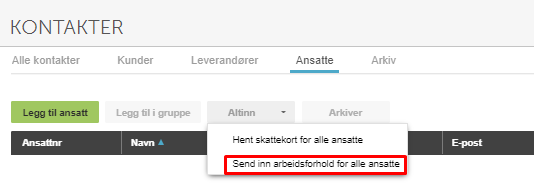 Ansatser-fanen med dialogboks: «Send inn arbeidsgiverbok for alle ansatte» – rød feilmelding