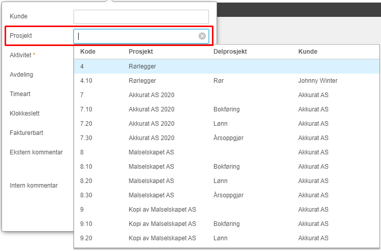Prosjektfilter med koder 4–9 listet, inkludert Rar, Bokfering, Lønn og Årsopgjør som delprosjekter