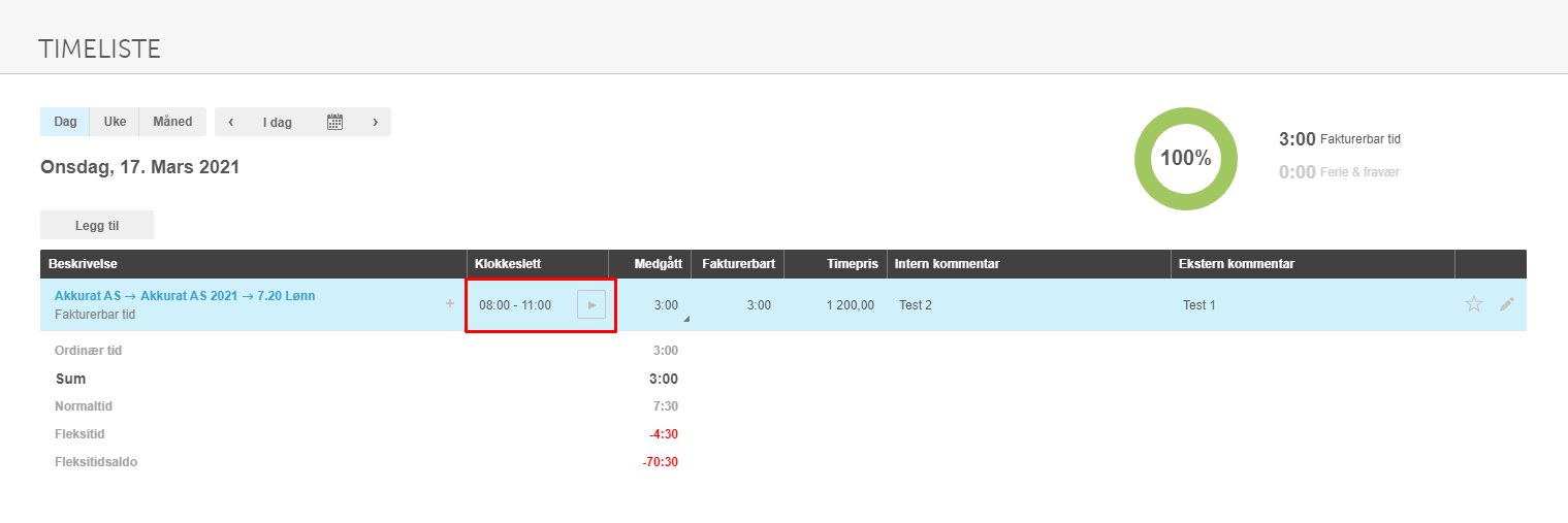 Timeliste 17. mars: Akkurat AS postering 08:00–11:00, 3:00 timer fakturabar, 1.200,00 kr/t, 100% avtale