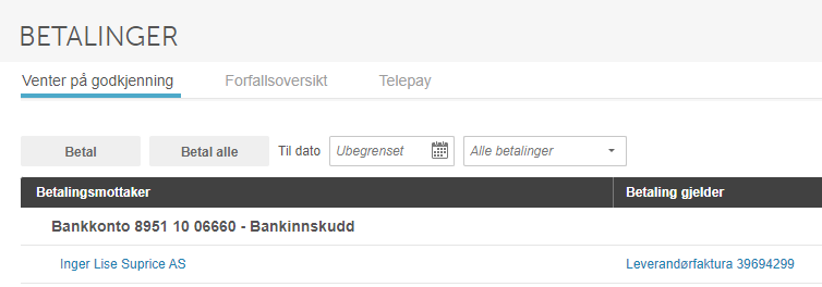 Betalinger-side: Venter på godkjenning-tab aktiv. Filtre: Betal, Betal alle, Til dato, Ubegrenseet. Bankkonto 8951 10 06660.