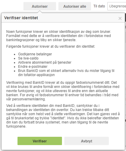 Verifiser identitet-dialogboks med krav til sikker identifikasjon og Verifiser/Avbryt-knapper