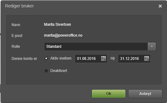 Dialogboks Rediger bruker: Marita Sværtsen, rolle Standard, aktiv medlem 01.08.2016–31.12.2016