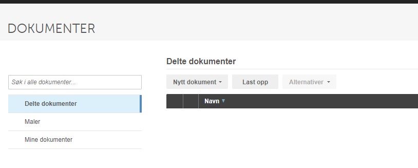 Delte dokumenter-side med søk, meny (Delte dokumenter, Maler, Mine dokumenter) og filtervalg