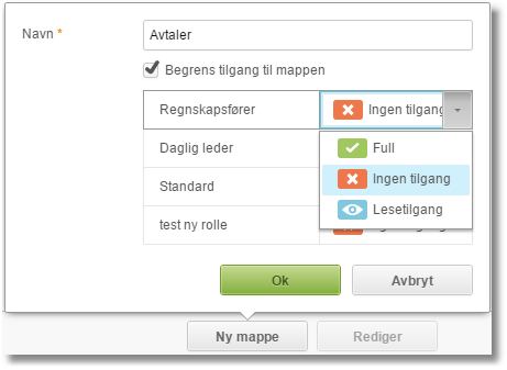 Avtale-dialogboks: Navn → Avtaler. Tilgang Regnkapsfører → Ingen tilgang. Daglig leder (Full/Ingen/Lese-valg).