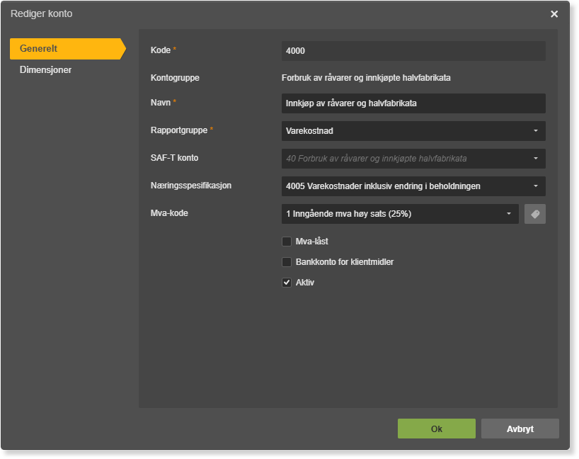 Rediger konto, Generelt: Kode 4000, Rapportgruppe Varekostnad, Mva-kode 25%, Aktiv merket