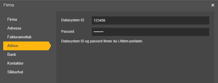 Firma-innstillinger, Altinn-fanen: Datasystem ID 123456, Passord-felt med informasjonstekst om Altinn-portalen