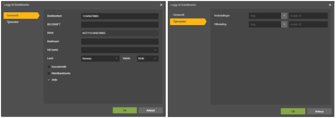 Bankintegrasjonsdialogbokser: Dashboard (IBAN, BIC, KID-navn) og Bankkontoer (Innstillinger, Utbetalinger)