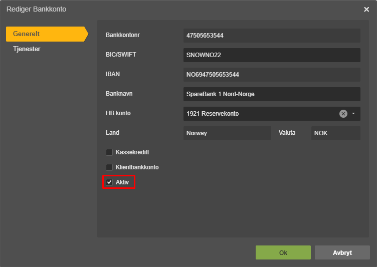 Rediger Bankkonto → Generelt: kontonummer, IBAN, BIC/SWIFT, banknavn, Norge, NOK, Aktiv