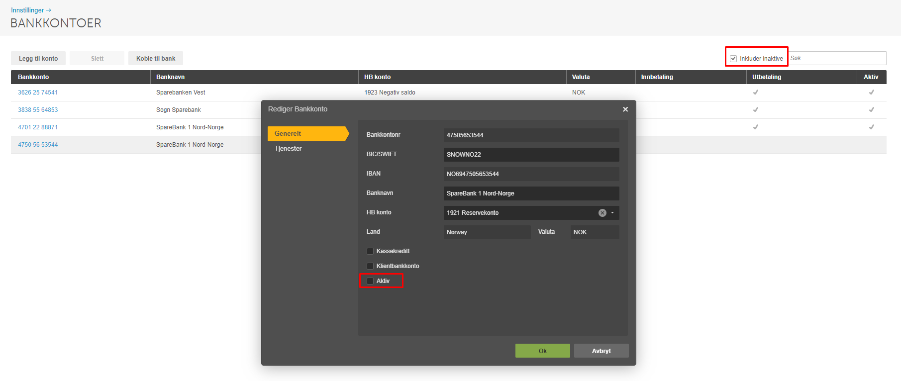 Rediger Bankkonto-dialog med IBAN, SWIFT, HB-konto og Aktiv-checkbox markert