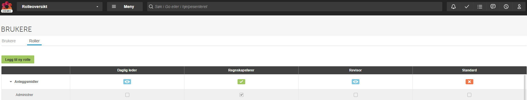 Roller-fane: Anleggsmilder → Administrator, rettigheter for Daglig leder, Regnskapsfører, Revisor, Standard