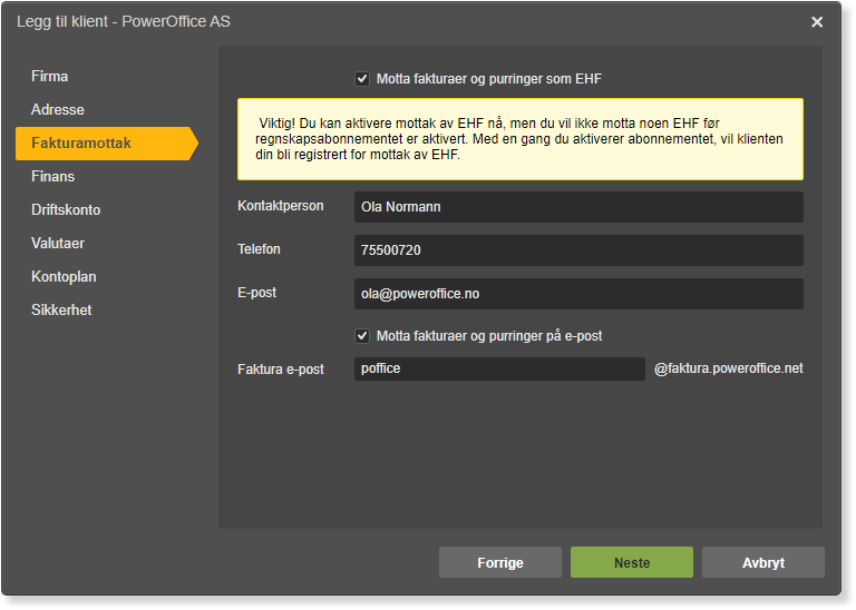 Fakturainstittusjoner-fanen: Oia Normann, tlf. 75500720, olia@poweroffice.no, faktura: poffice@faktura.poweroffice.net