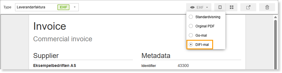 Leverandørfaktura Type-felt satt til EHF, dropdown-meny med DIFI-mal valgt, Supplier: Eksempelbedriften AS