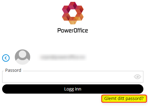 PowerOffice innloggingsskjerm: Passord-felt og Logg inn-knapp, med Glemt passord-lenke