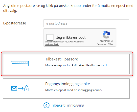 Påloggingsskjerm: e-postadresse-felt, reCAPTCHA, Tilbakestill passord (fremhevet), Engangs innloggingslenke