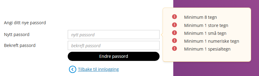 Passordendring: felt «Nytt passord» → «Bekreft passord», knapp «Endre passord», krav: 8+ tegn, stort/lite/tall/spesialtegn