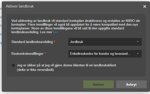 Dialogboks Aktiver landbruk: Jordbruk og Enkelreskontor valgt, med Aktiver- og Avbryt-knapper