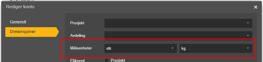 Rediger konto: Dimensjoner-fanen med Avdeling-felt, måleenheter «stk» og «kg» markert rødt