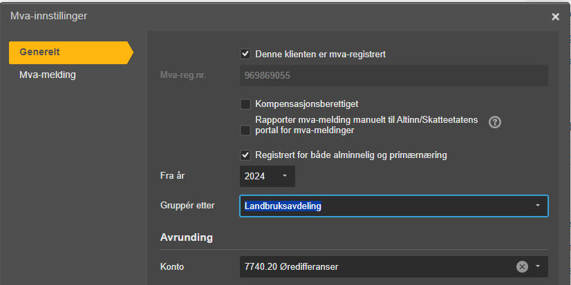 Mva-innstillinger Generelt: mva-registrert med nr. 969869055, gruppering Landbruksavdeling, konto 7740 20
