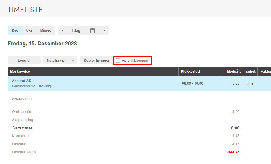 Timeliste 15. desember 2023: Akkurat AS (Fakturering tid-Utvikling) 08:00–16:00, sum 8 timer, fleksitidsaldo −144:45