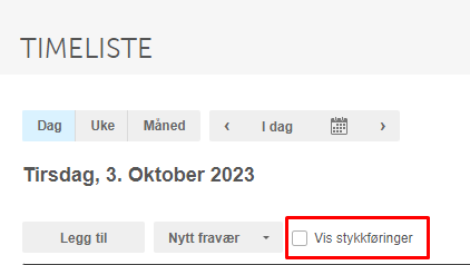 Timeliste 3. oktober 2023 med Dag-fane aktiv, Legg til og Vis stykkeringer-knapper