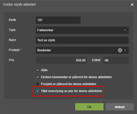 Endre stykk-aktivitet: Kode 107, Fakturerbar, Test av stykk, Pris 850,00. Tillat overstyring markert.