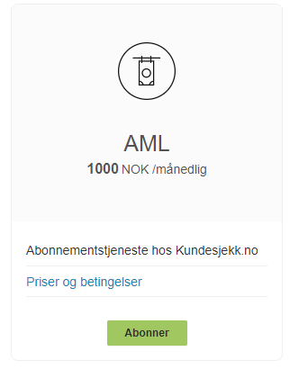 AML-abonnement 1000 NOK/måned med Abonner-knapp og lenke til Kundesjekk.no