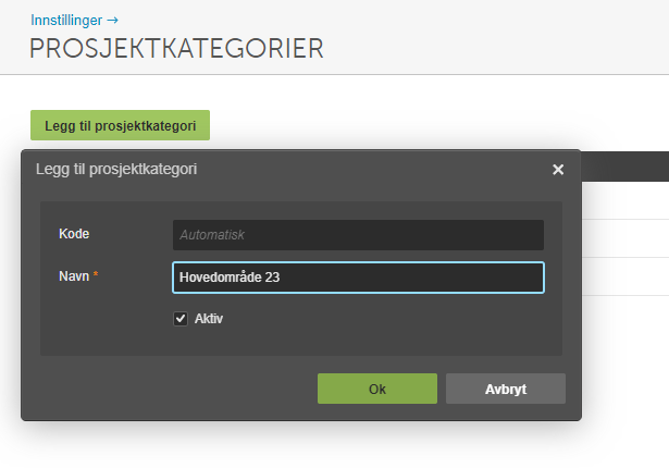Dialogboks Legg til prosjektkategori: Kode automatisk, Navn «Hovedomrade 23», Aktiv avkrysset