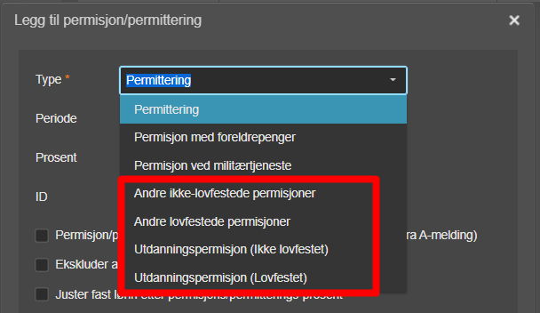 Dialogboks Legg til permission/permittering, Type-dropdown åpent med Permittering valgt og permisjontyper listet