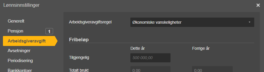 Arbeidsgiveravgift-fanen: Fribeløp med Tilgjengelig 500 000,00 og felter for året