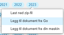 Meny med årsvalg 2021-2023 og alternativer for nedlasting og dokumentimport