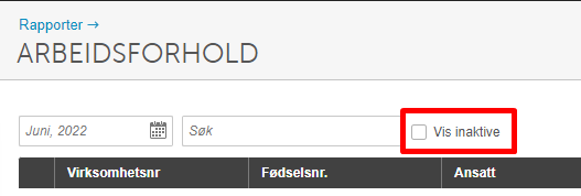 Arbeidsforhold-rapport Juni 2022 med søk og Vis inaktive-avmerkingsboks (rød ramme)
