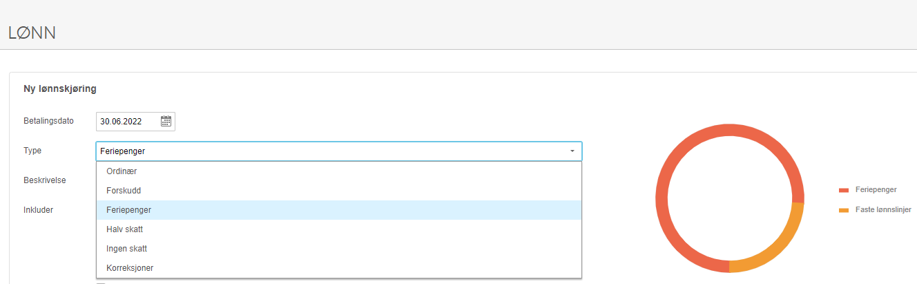 Ny lønnskjering-dialog: Betalingsdato 30.06.2022, Type-dropdown med Feriepenger valgt, viser alternativer