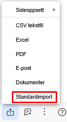 Eksportmeny med liste over eksport-typer og typen standardimport er valgt