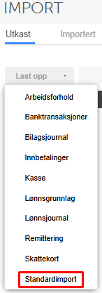 Importdialog med liste over importyper, og Standardimport er valgt