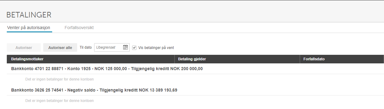 Venter på autorisasjon-fane: to bankkontoer med utestående betalinger og tilgjengelig kreditt