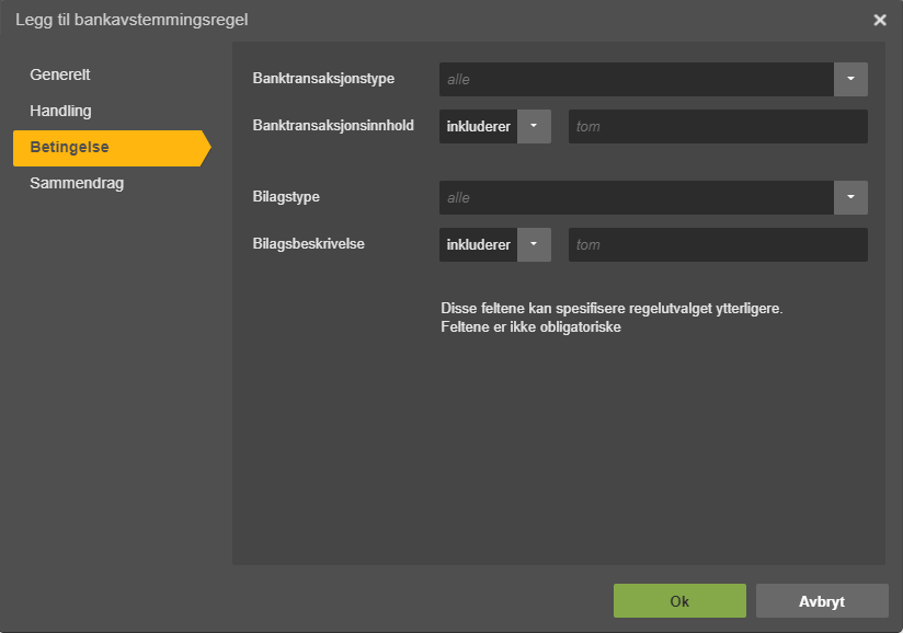 Betingelse-fane i bankavstemningsregel med Banktransaksjonstype, -innhold, Bilagstype og -beskrivelse
