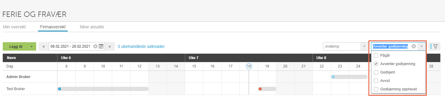 Firmaoversikt → Gantt-diagram ferie, februar 2021. Dropdown «Avdeling» med filter Avventer godkjenning valgt